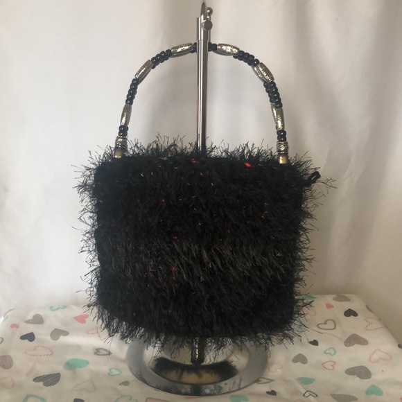 Unbranded black super soft silky hair vintage handbag with beaded handles. - Picture 3 of 6